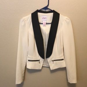 Candie’s cream and black tuxedo blazer